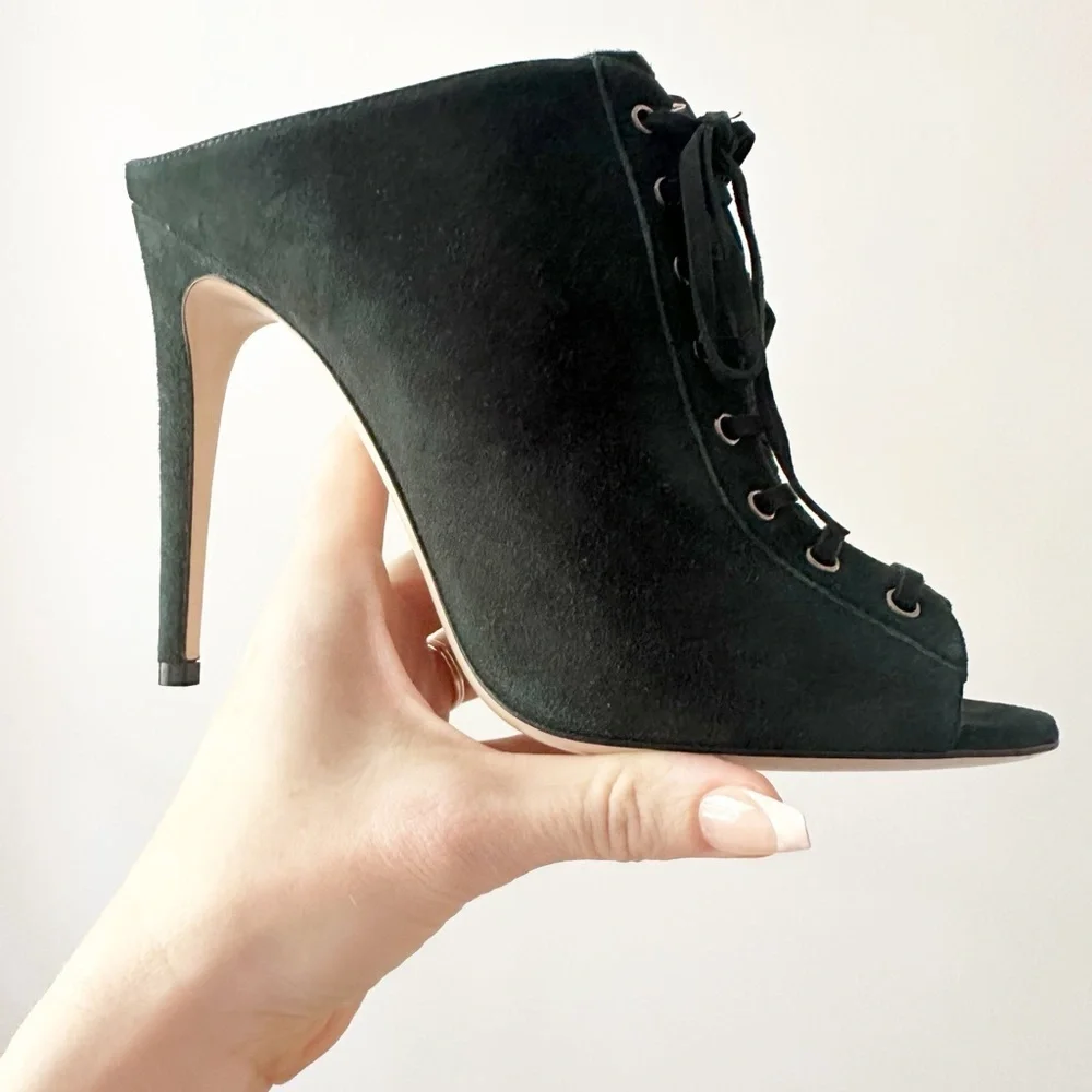 Miu Miu - Green Suede - Peep Toe Lace Up Mule heel - size 38.5 - EUC - Picture 1 of 10